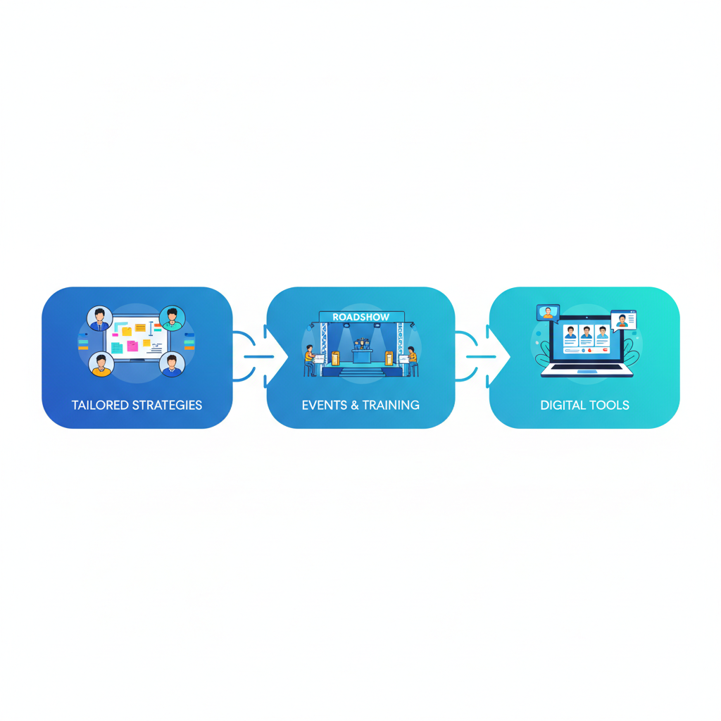 Horizontal process flow diagram showing three steps for implementing change communication: developing strategies, leveraging events, integrating digital tools.