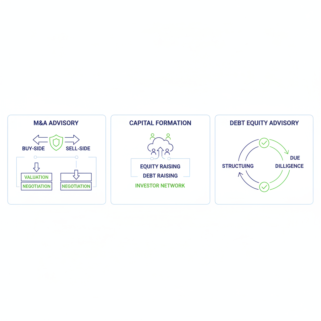 Infographic illustrating core components of investment banking services including M&A advisory, capital formation, and debt equity advisory