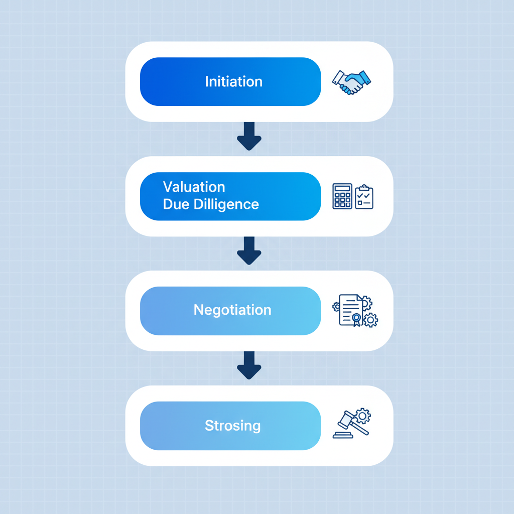 Vertical process flow diagram illustrating the five key stages of investment banking: initiation with handshake, valuation and due diligence with calculator and checklist, negotiation with contract, structuring with gears, and closing with gavel, connected by arrows in a professional illustrative style.