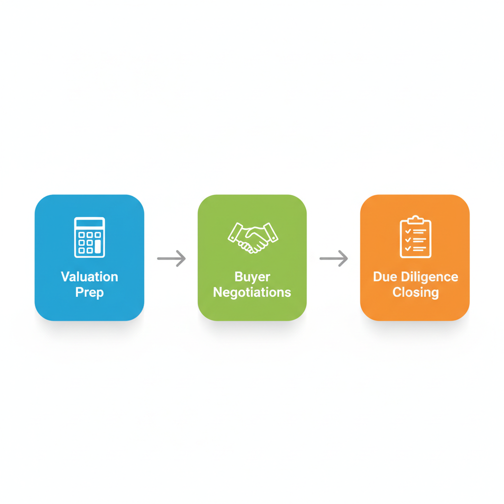 Horizontal process flow diagram showing three stages of selling a business: valuation preparation, buyer negotiations, and due diligence closing with icons.