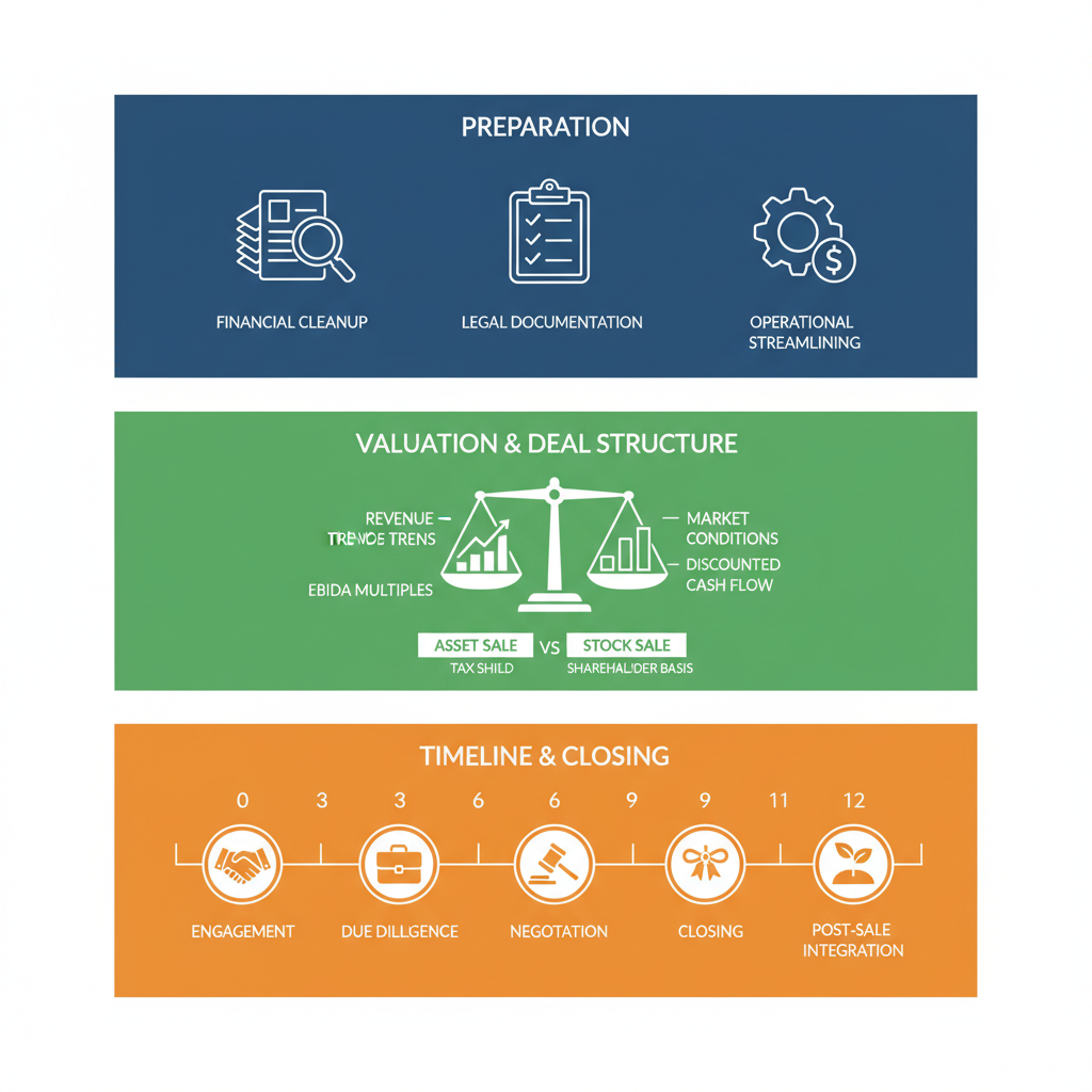 Infographic showing preparation, valuation, and timeline for selling a business with icons and minimal labels.