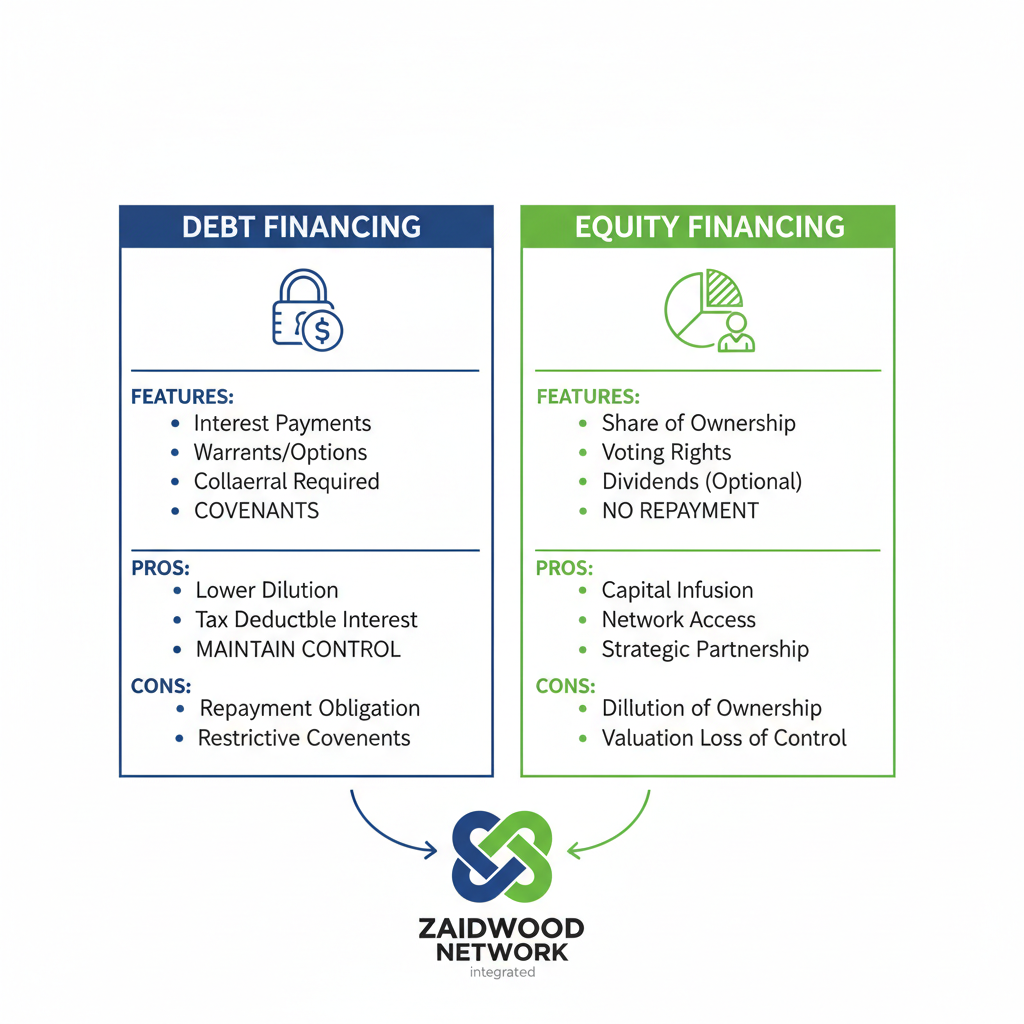 Infographic comparing debt and equity financing options, showing columns with icons, features, pros, and cons for mid-market firms.