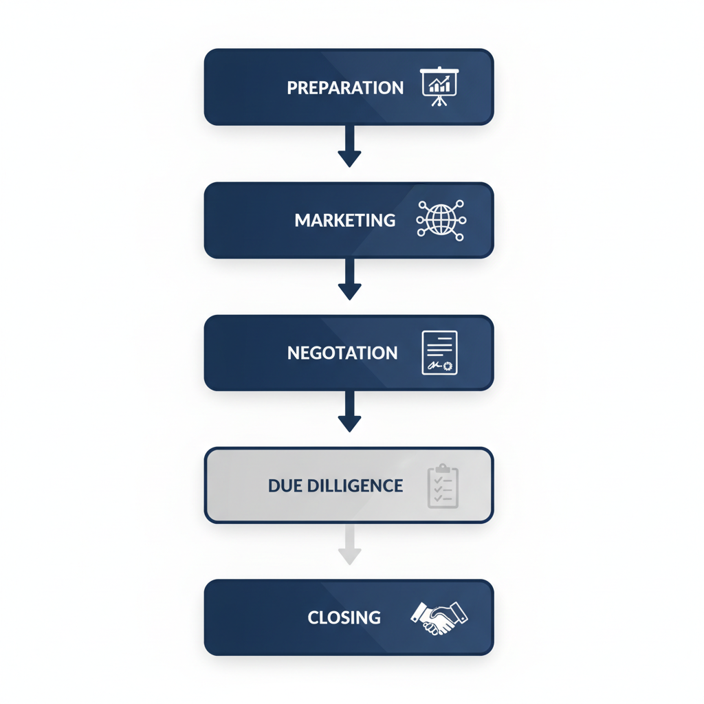Vertical process flow diagram of sell-side mandate stages in investment banking