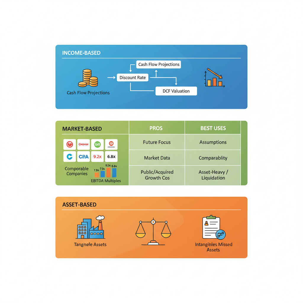 Infographic showing income-based, market-based, and asset-based business valuation methods with comparison table