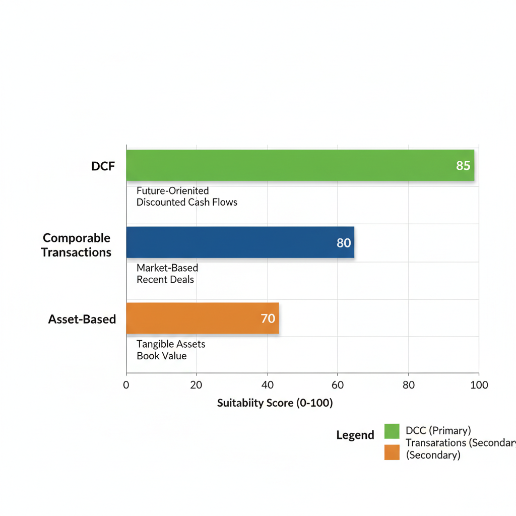 Bar chart illustrating suitability scores of three business valuation methods: DCF at 85, Comparable Transactions at 80, and Asset-Based at 70.