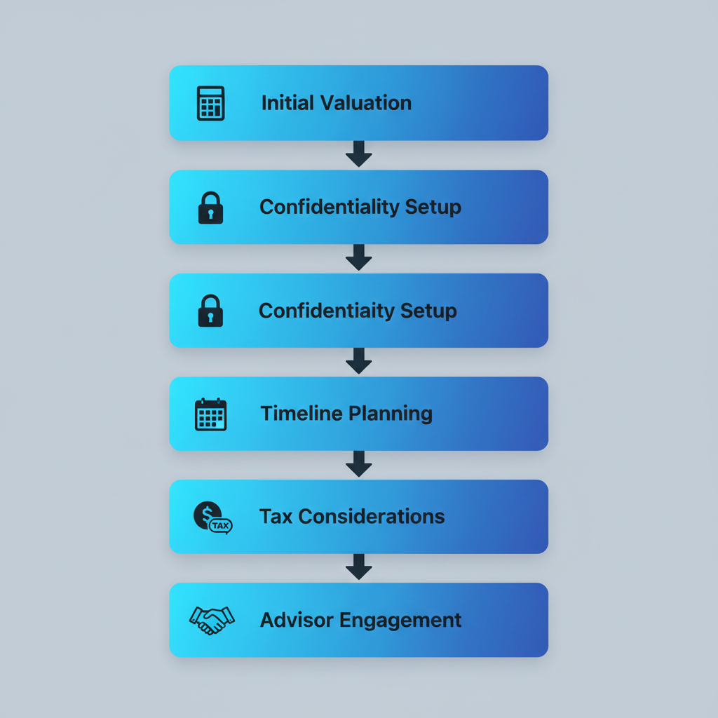 Vertical process flow diagram illustrating five key stages in selling a business with icons and labels