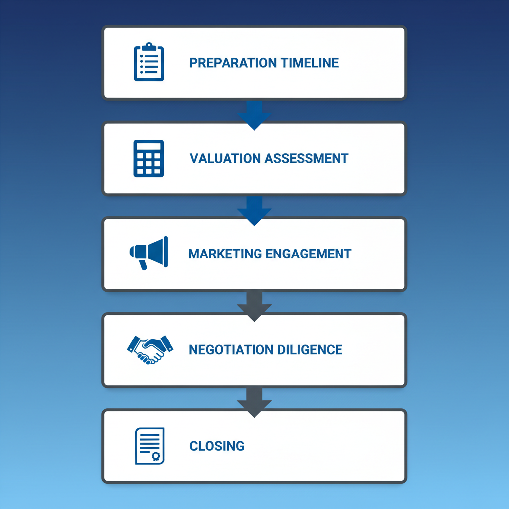 Vertical process flow diagram showing five stages of selling a business: preparation, valuation, marketing, negotiation, and closing with icons.