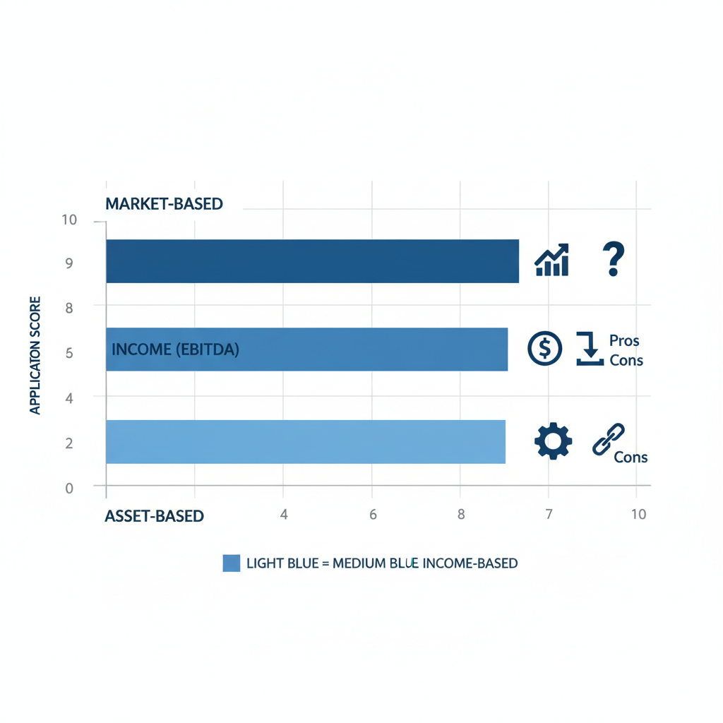 Horizontal bar chart comparing asset-based, income-based, and market-based business valuation methods with pros and cons icons