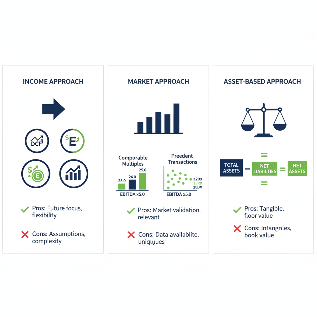Infographic illustrating three business valuation methods: income, market, and asset-based approaches for M&A.