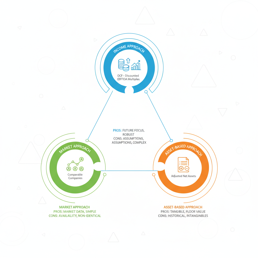 Infographic illustrating three primary business valuation methods: income approach with DCF and EBITDA, market approach with comparables, and asset-based with balance sheets, featuring icons and brief pros/cons.