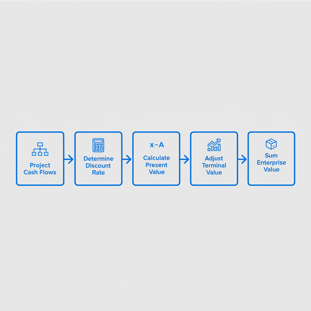 Horizontal process flow diagram outlining five steps of DCF valuation technique with icons and brief labels