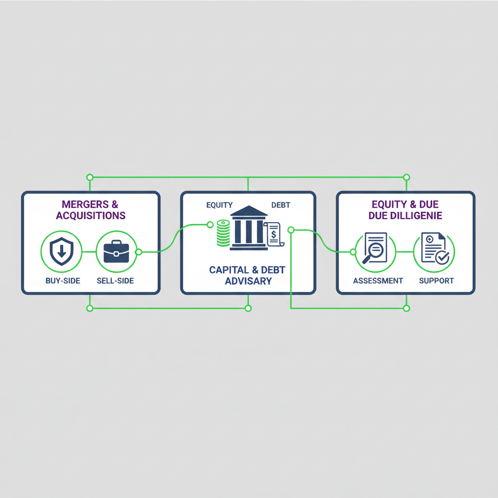 Infographic illustrating core services of boutique investment bank with icons for M&A advisory, capital formation, debt advisory, equity, and due diligence.