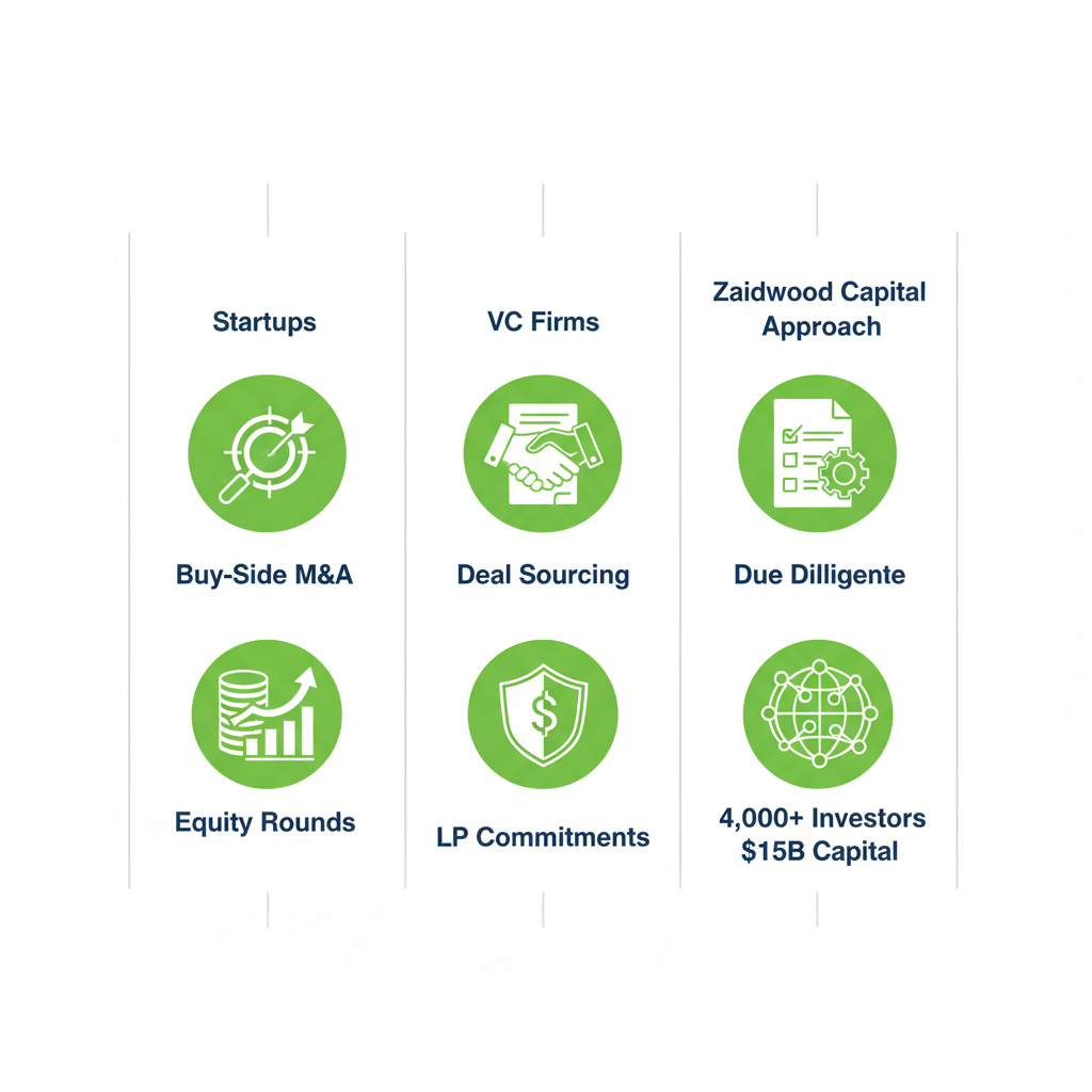 Infographic comparing core services of VC investment banks for startups, VC firms, and Zaidwood Capital approach