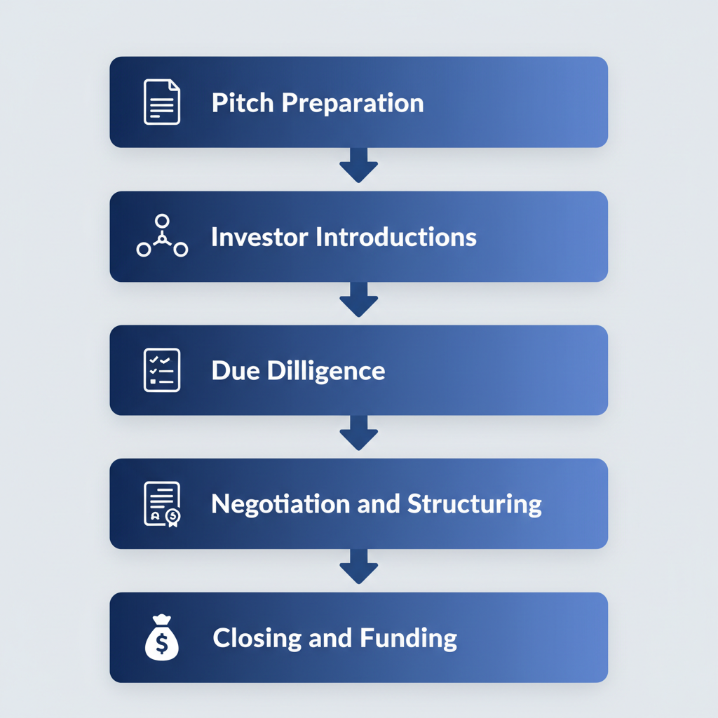 Vertical process flow diagram illustrating five stages of venture capital investment banking capital raise process with icons and arrows