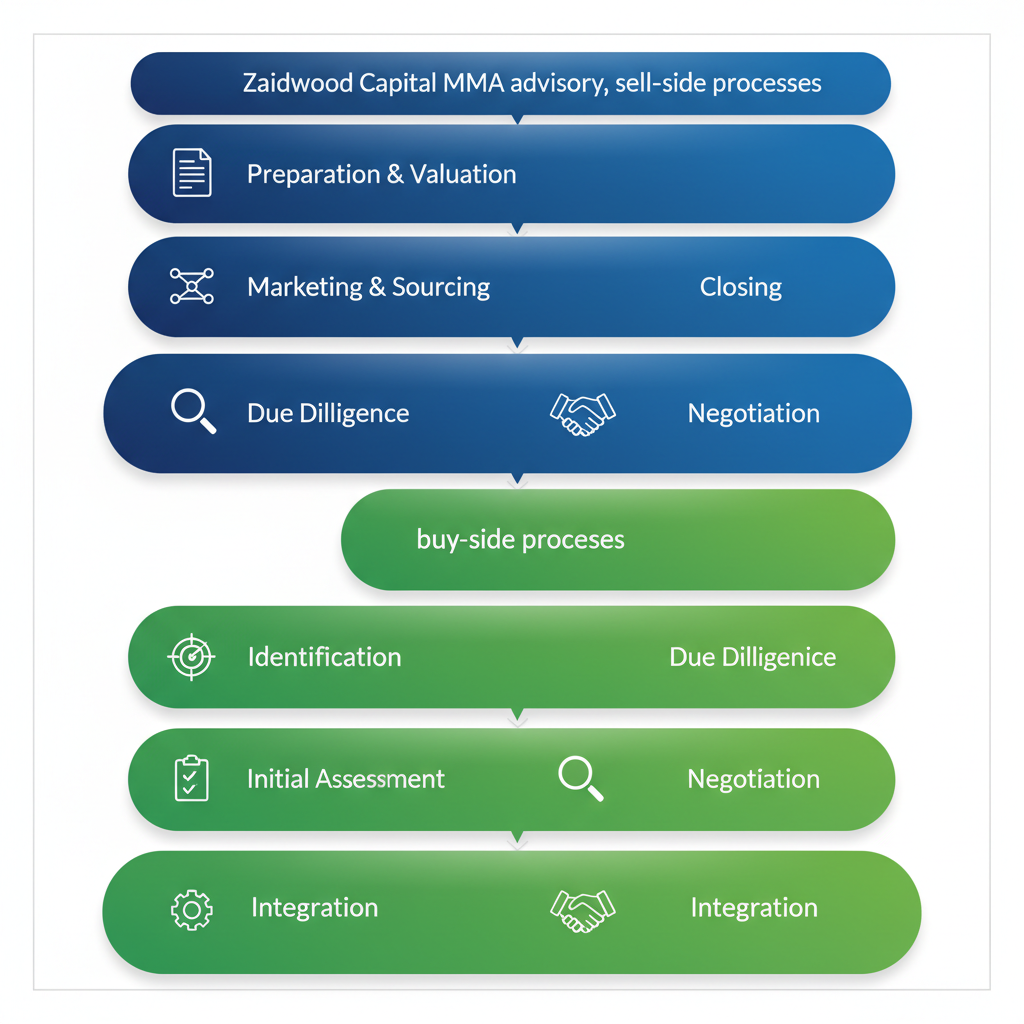 Vertical process flow diagram illustrating buy-side and sell-side M&A advisory steps at Zaidwood Capital