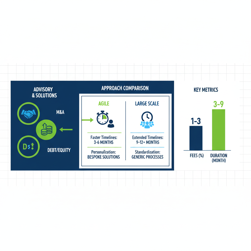 Infographic illustrating services, operational comparisons, and fee structures in lower middle market investment banking