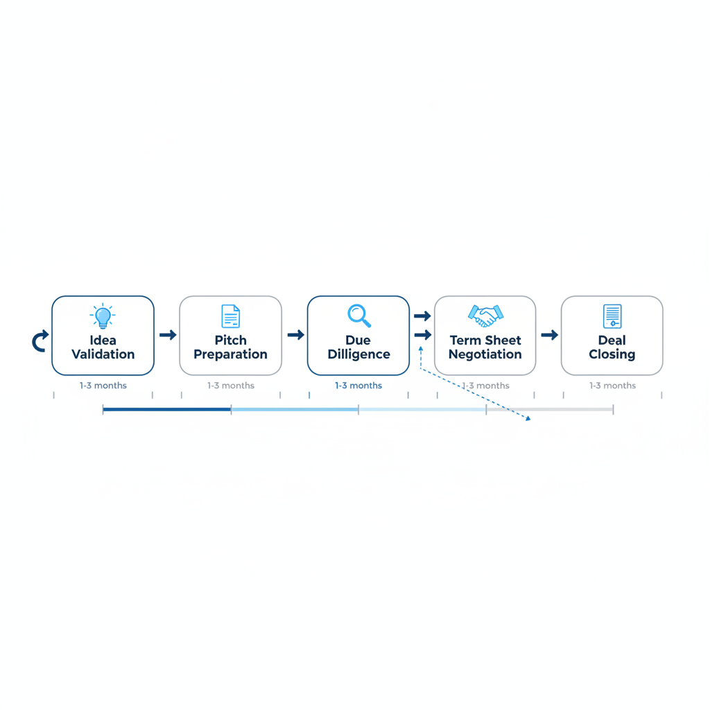 Horizontal process flow diagram illustrating the five key stages of venture capital fundraising with icons and minimal labels.