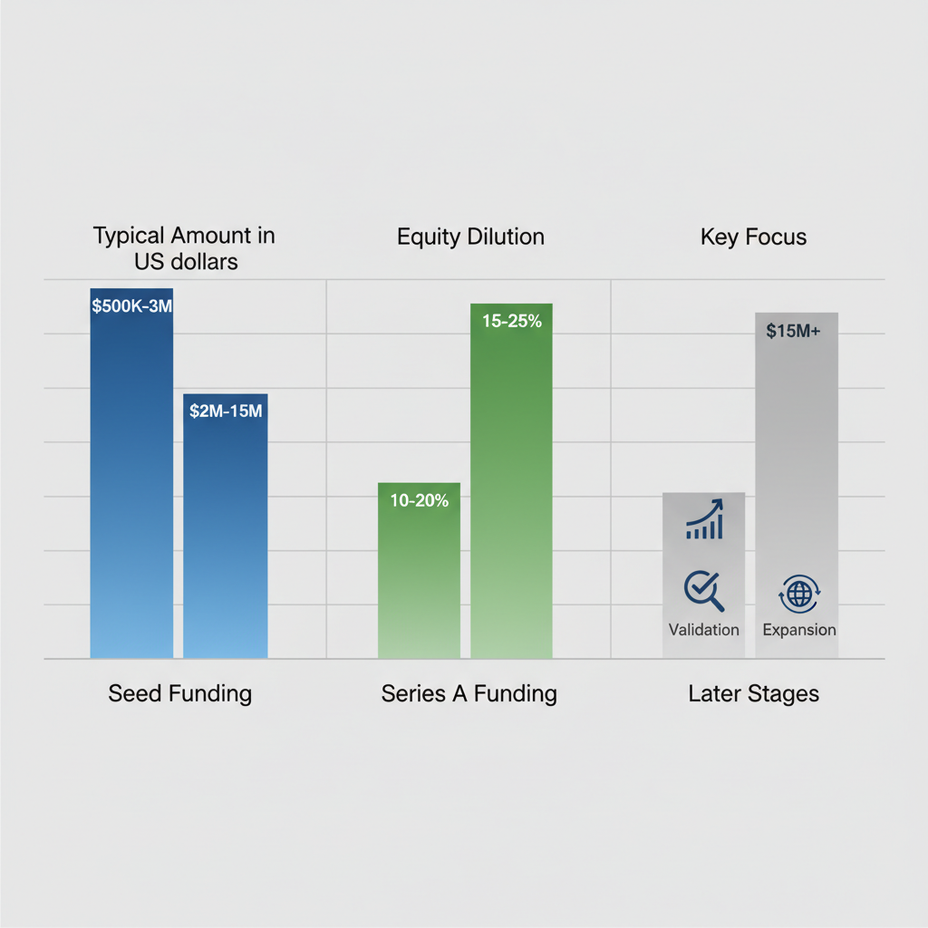 Bar chart illustrating funding amounts, equity dilution, and focus areas for seed, series A, and later-stage venture capital investments