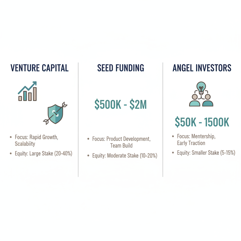 Infographic comparing venture capital, seed funding, and angel investment options with icons, ranges, and key differences.