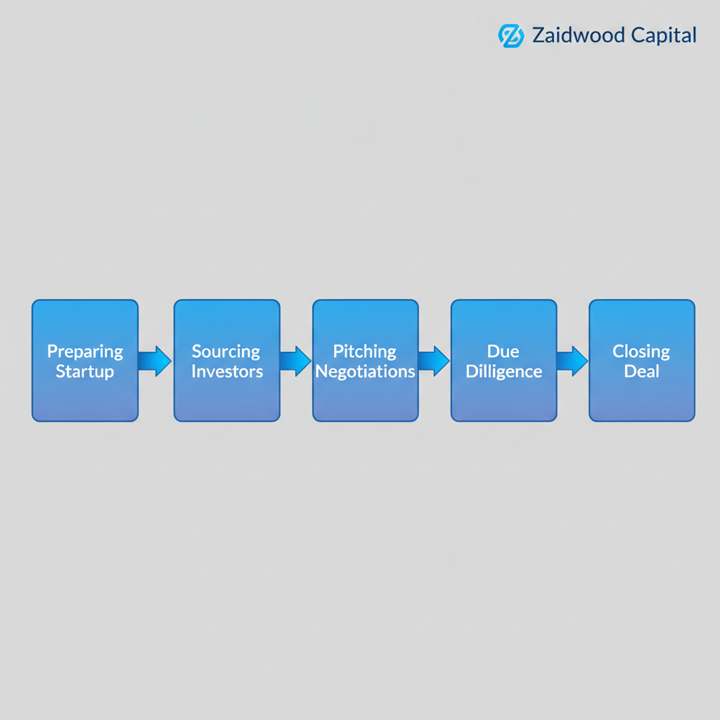 Accessibility description of horizontal process flow diagram illustrating the five stages of venture capital raising: preparing startup, sourcing investors, pitching negotiations, due diligence, and closing the deal.