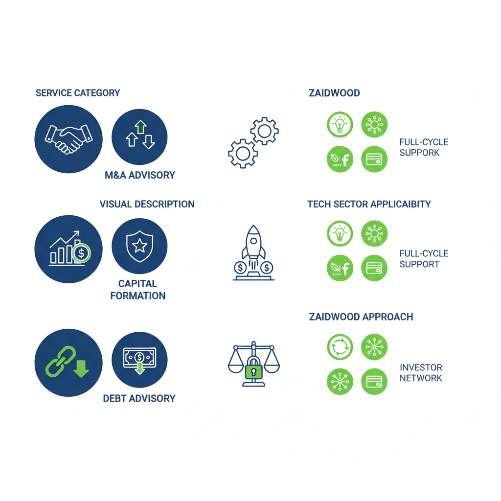 Infographic comparing core technology investment banking services including M&A, capital formation, and debt advisory with Zaidwood Capital's approach for fintech and startups