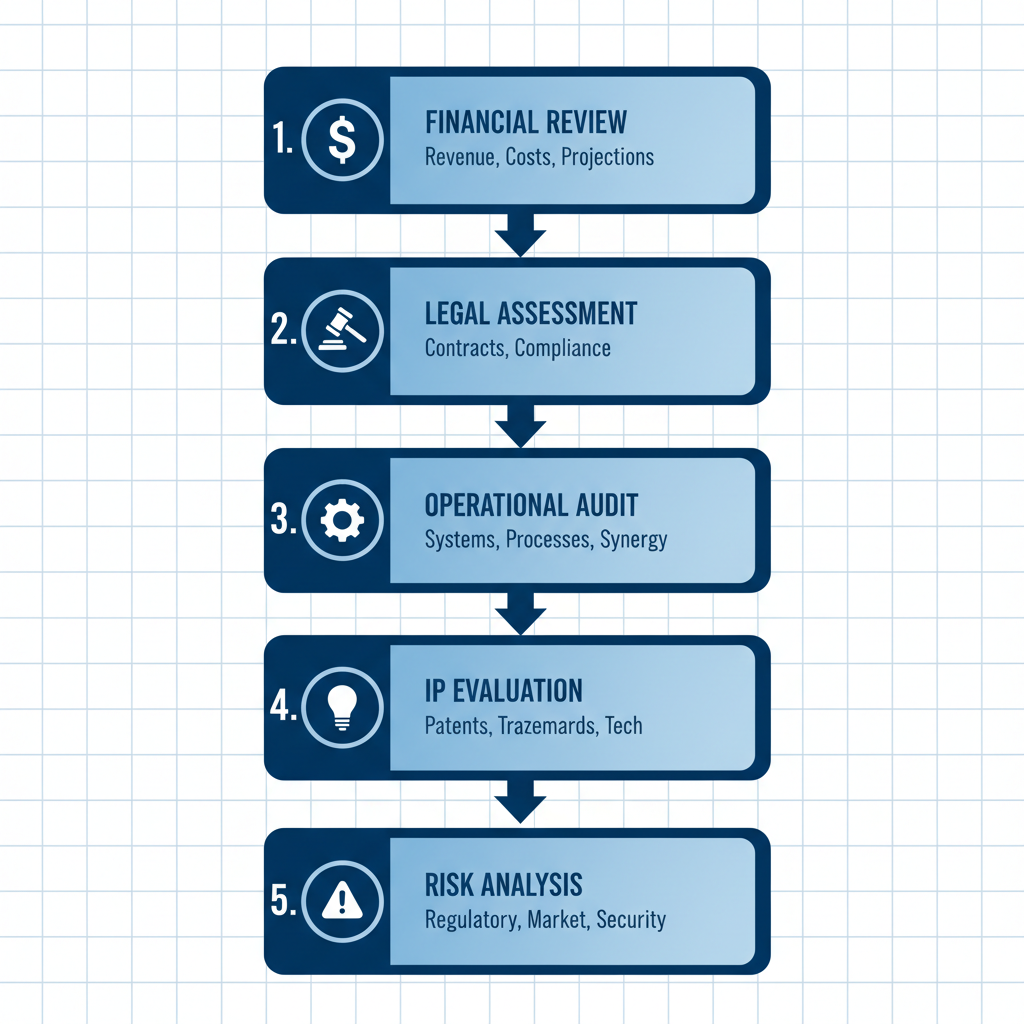 Vertical process flow diagram of five due diligence stages in technology investment banking: financial review, legal assessment, operational audit, IP evaluation, and risk analysis with icons.