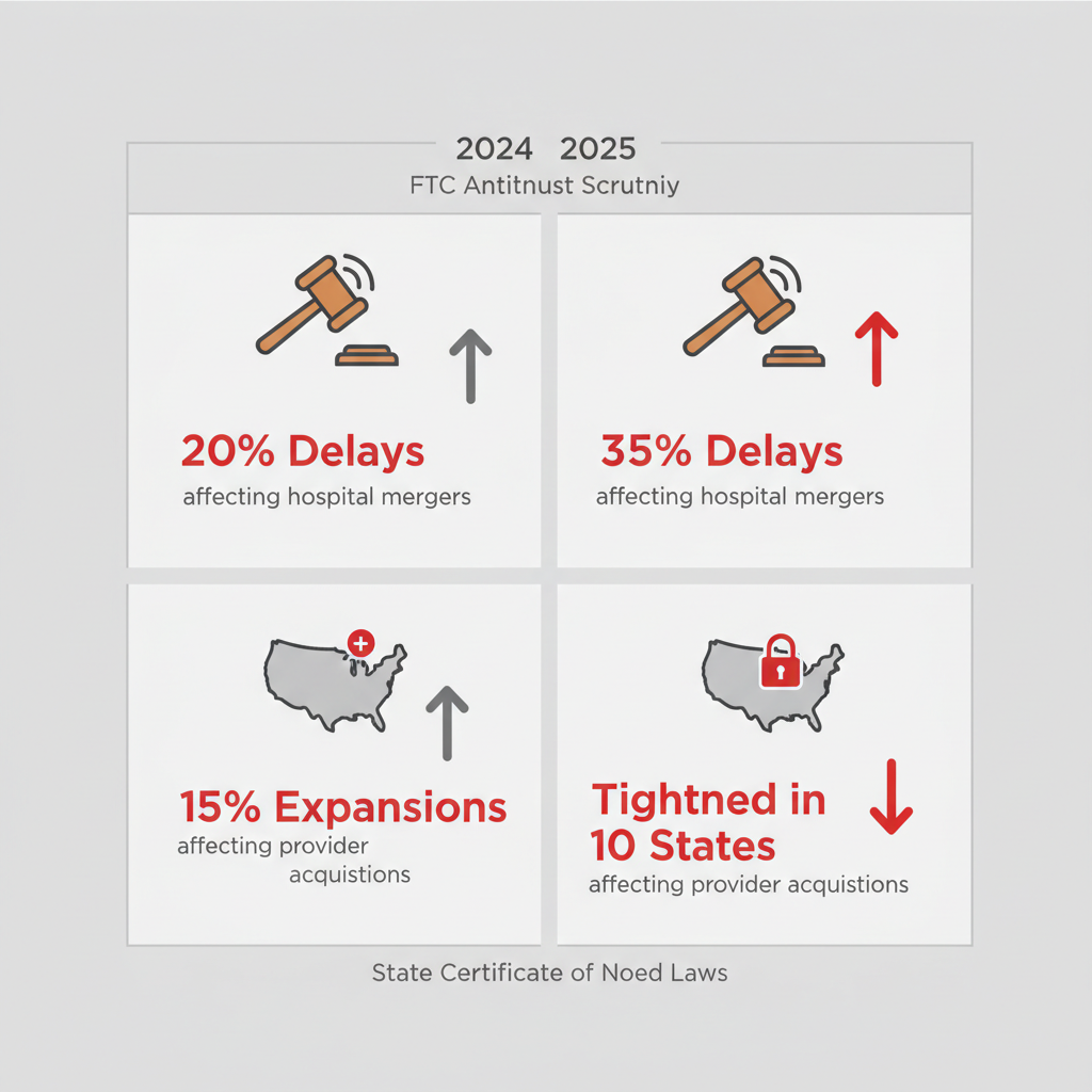 Infographic comparing regulatory changes and their impacts on healthcare mergers and acquisitions between 2024 and 2025