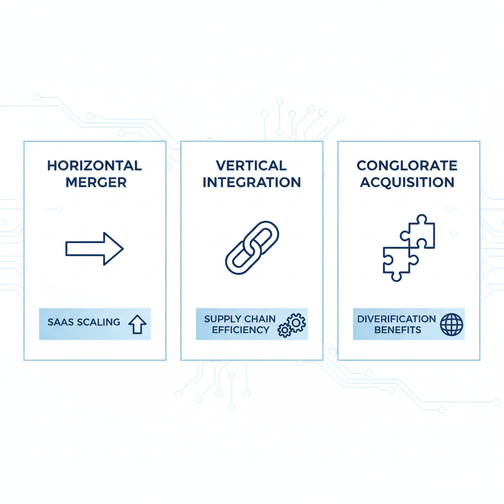 Infographic illustrating horizontal merger, vertical integration, and conglomerate acquisition strategies for tech firms