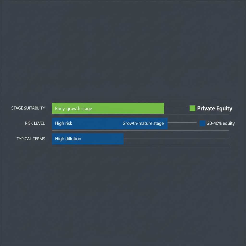 Horizontal bar chart comparing venture capital and private equity funding options for tech companies, illustrating stage suitability, risk levels, and typical terms.