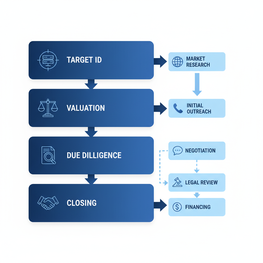 Vertical process flow diagram showing four steps in tech mergers and acquisitions with icons and labels.
