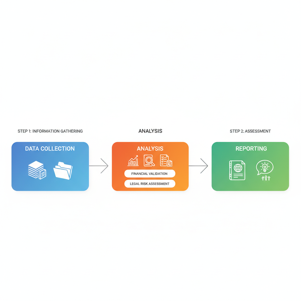Horizontal process flow diagram illustrating three key steps in investment bank due diligence for mergers and acquisitions