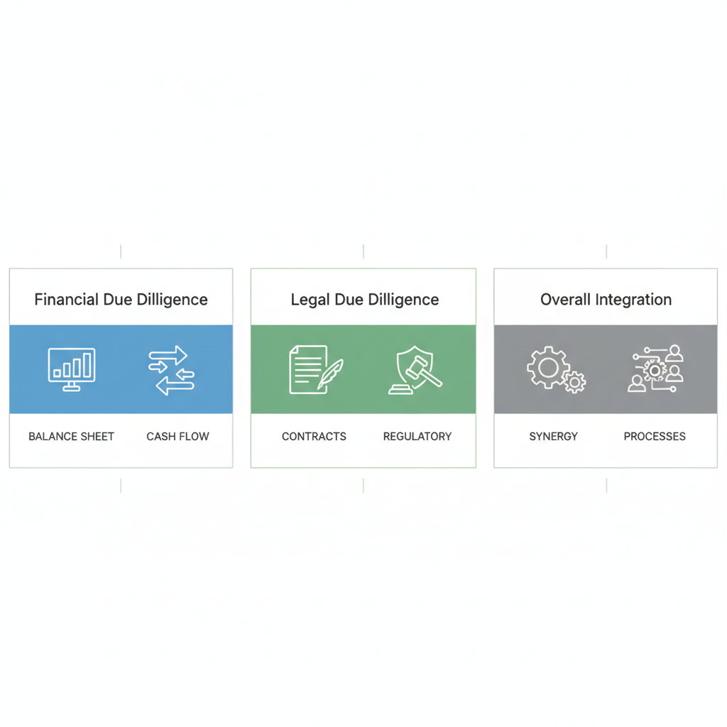 Infographic showing core components of due diligence in investment banking: financial, legal, and integration sections with icons.