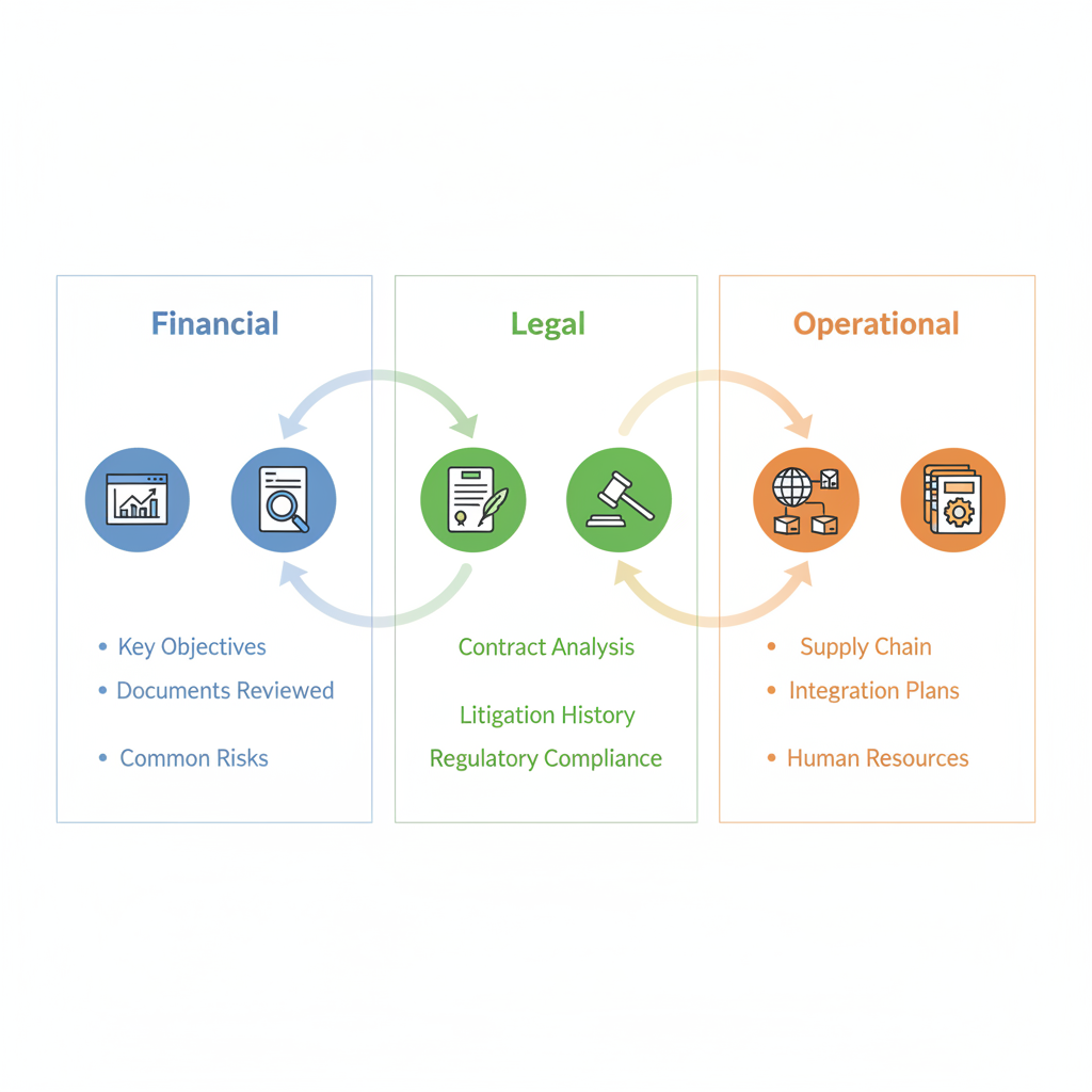 Infographic illustrating core areas of M&A due diligence: financial, legal, and operational with icons and key labels