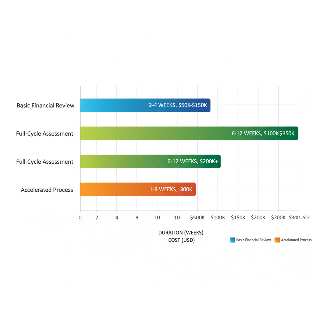 Horizontal bar chart comparing M&A due diligence scopes by timeline and cost ranges