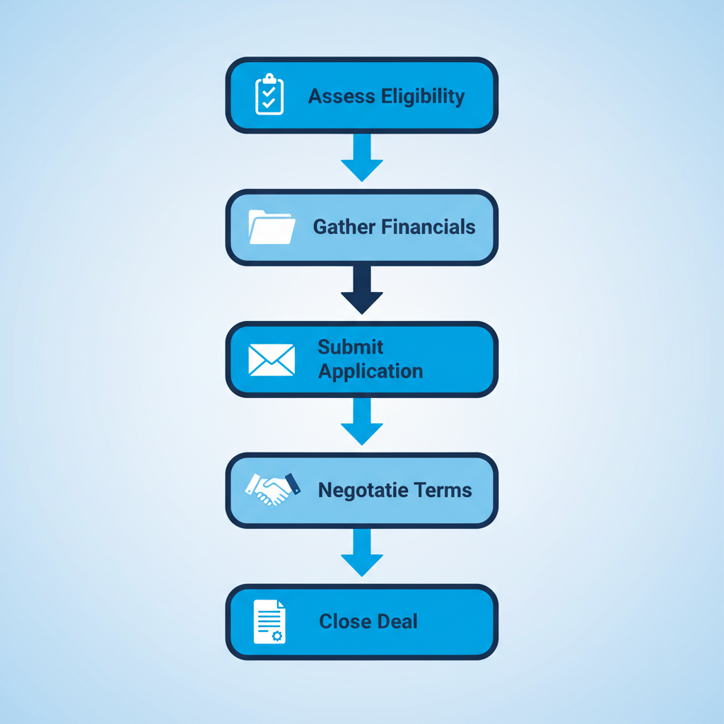 Vertical process flow diagram showing five steps to secure business purchase financing: assess eligibility with checklist, gather financials with folder, submit application with envelope, negotiate terms with handshake, and close deal with contract icon.