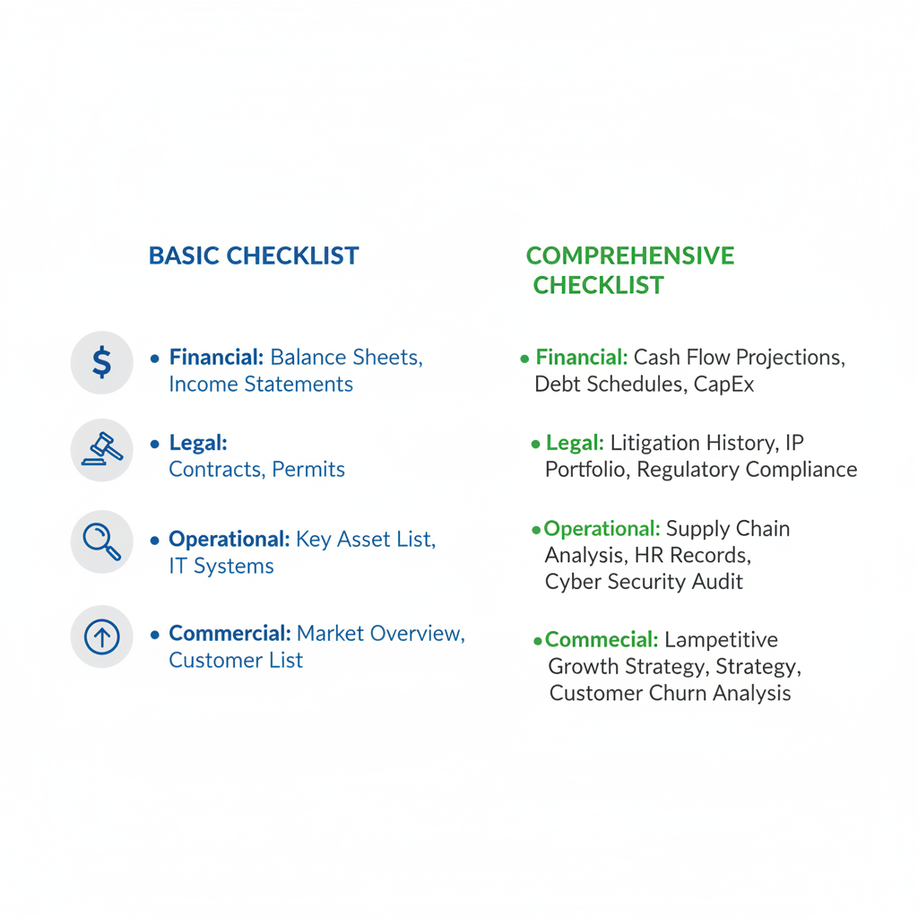 Infographic comparing basic and comprehensive due diligence checklists for mergers and acquisitions with icons and minimal labels