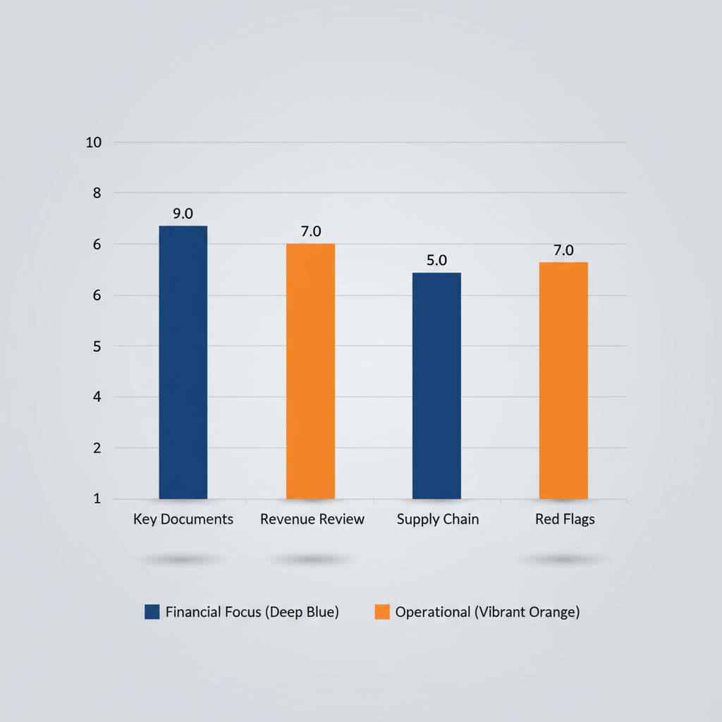 Side-by-side bar chart comparing financial and operational due diligence focus areas with importance levels.