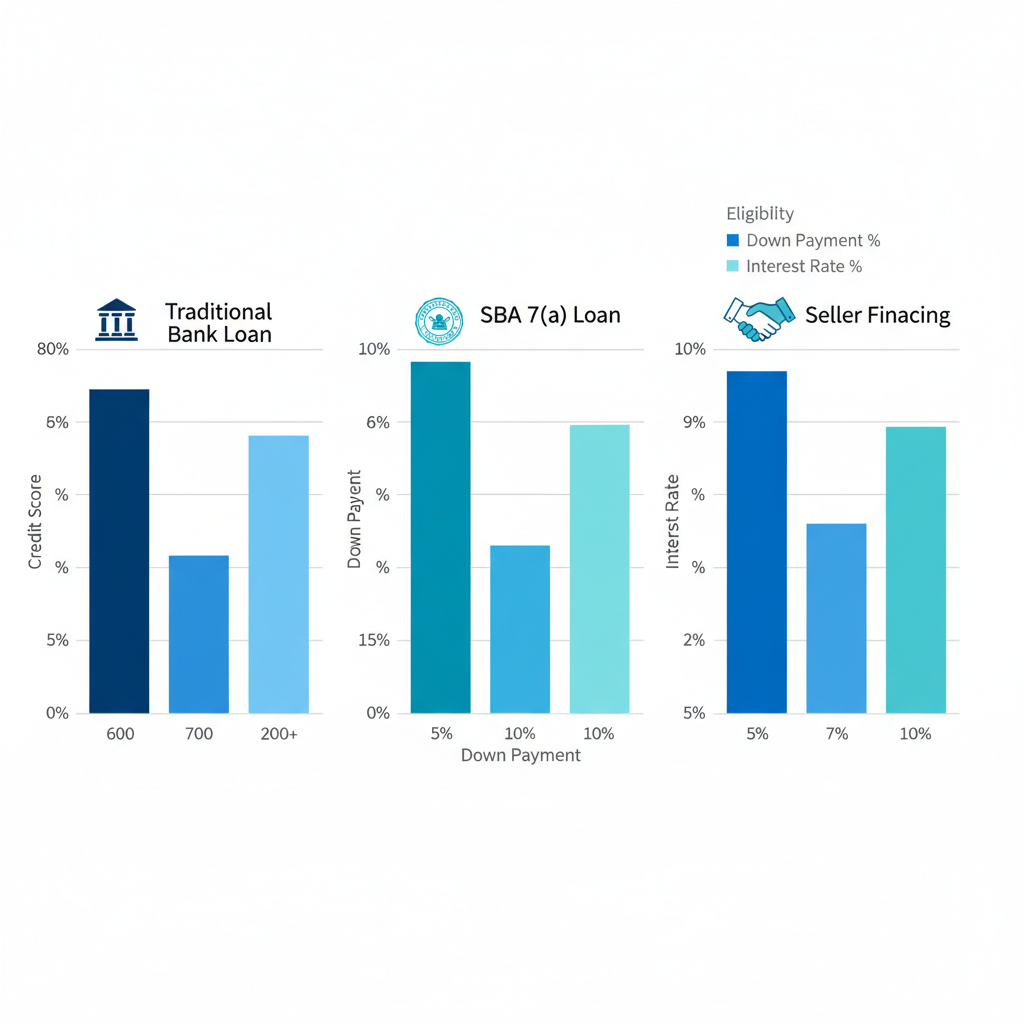 Bar chart comparing three business acquisition loan types by eligibility, down payment, and interest rates