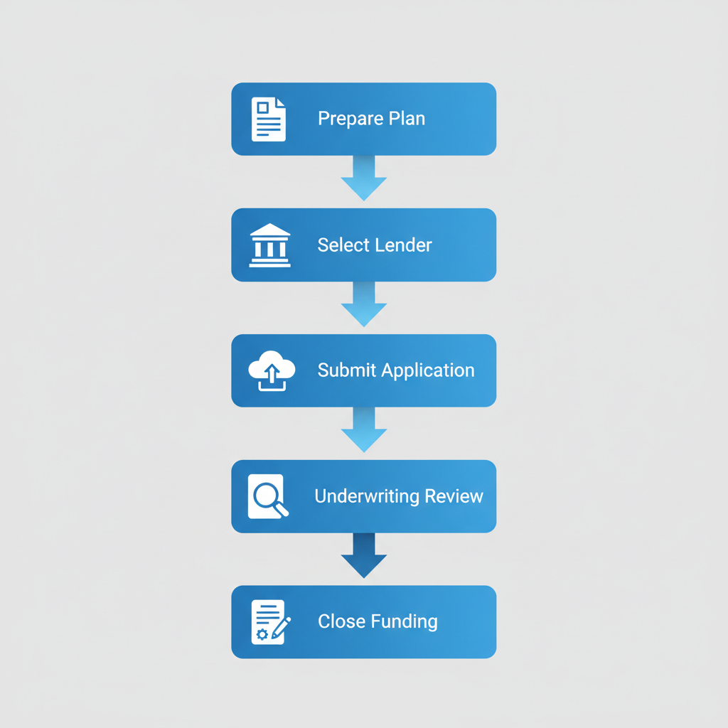 Vertical process flow diagram of SBA 7(a) loan application steps for acquisitions