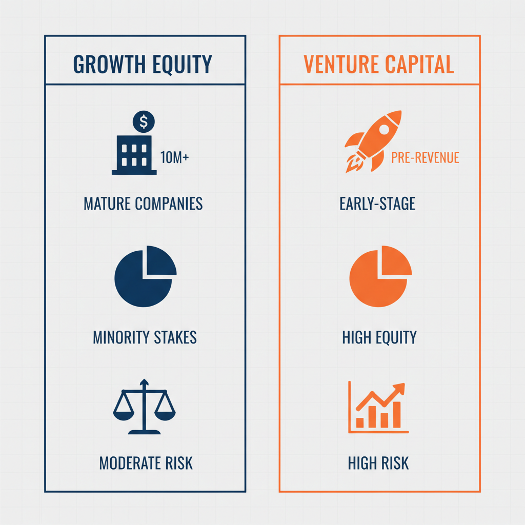 Side-by-side comparison infographic of Growth Equity and Venture Capital investment differences