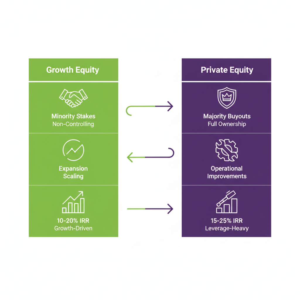 Infographic comparing Growth Equity and Private Equity features in control, investment focus, and returns.