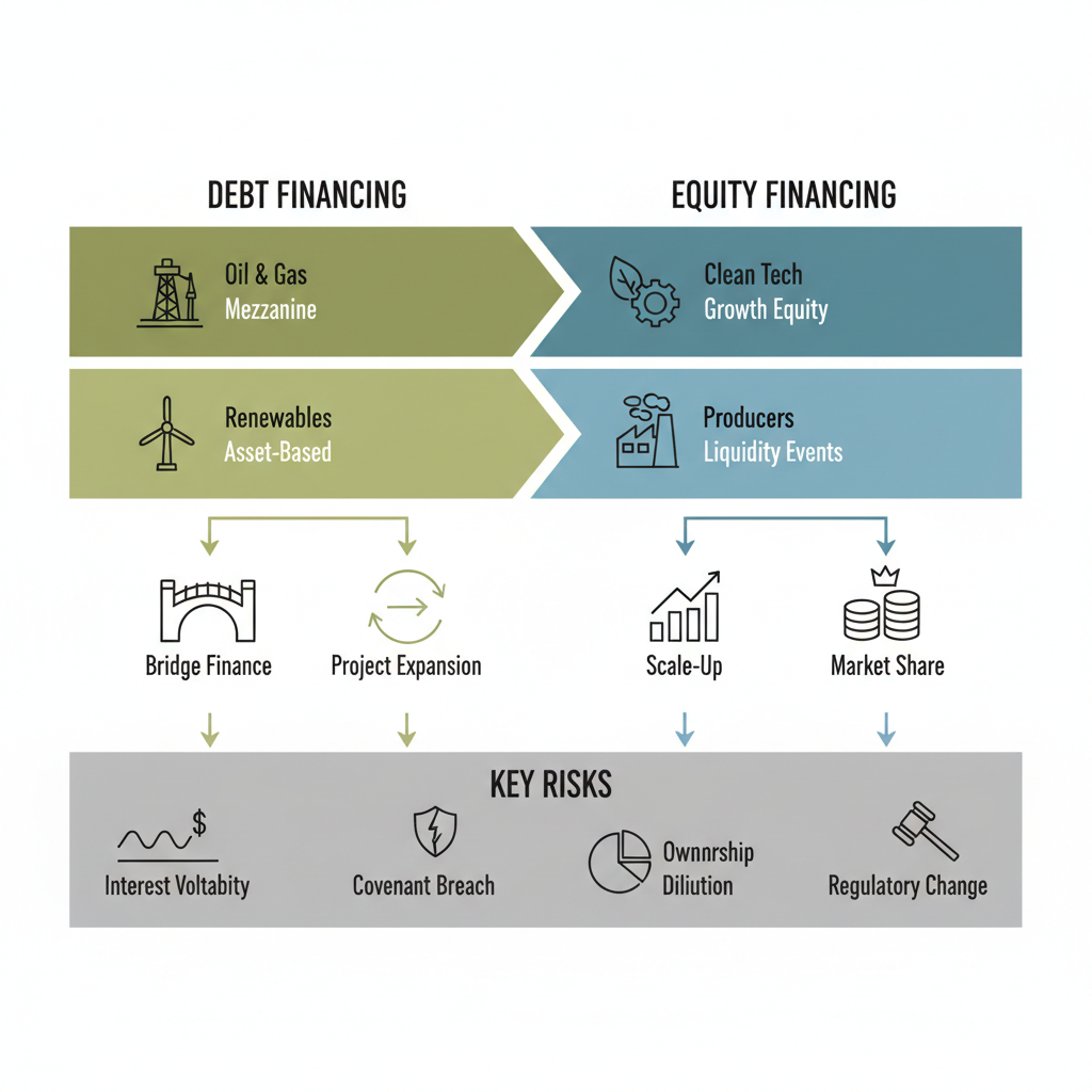 Infographic comparing debt and equity financing structures for energy sectors, showing applications and risks in professional illustration style