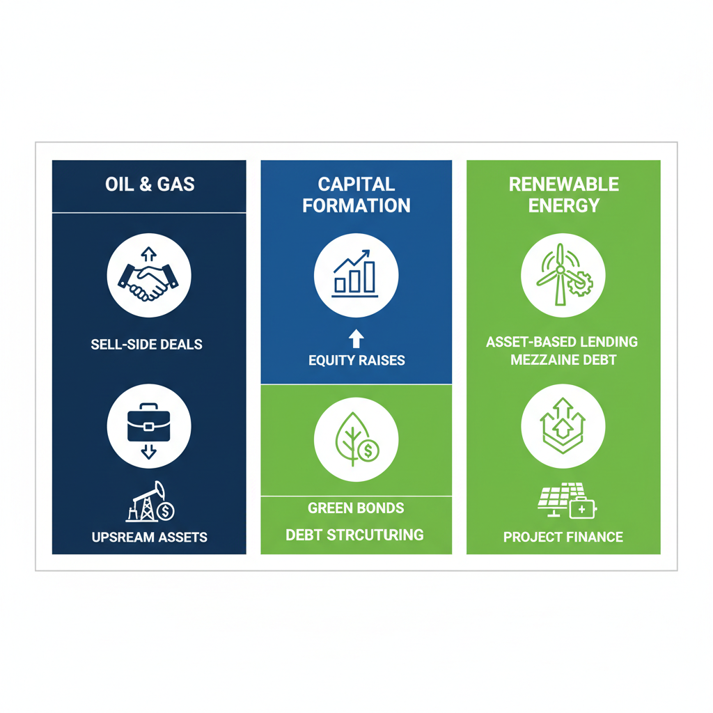 Infographic comparing M&A advisory, capital formation, and debt structuring services in traditional and renewable energy investment banking with icons and minimal labels