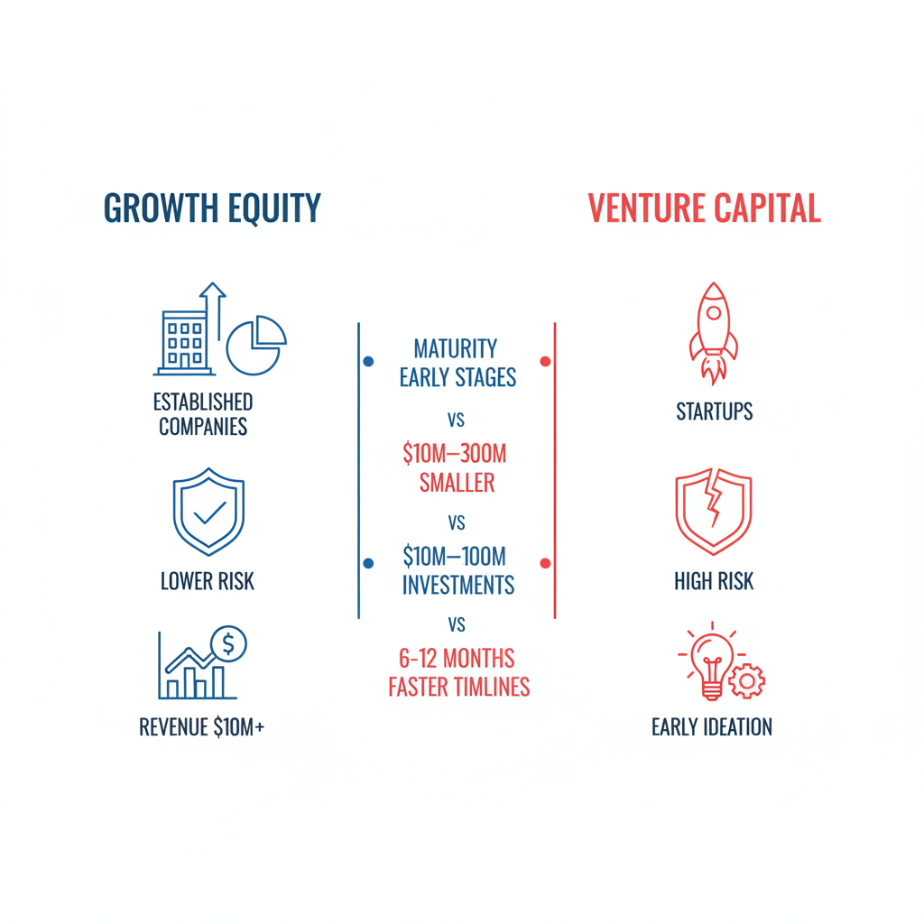 Infographic illustrating differences between growth equity and venture capital investments with icons and key distinctions.
