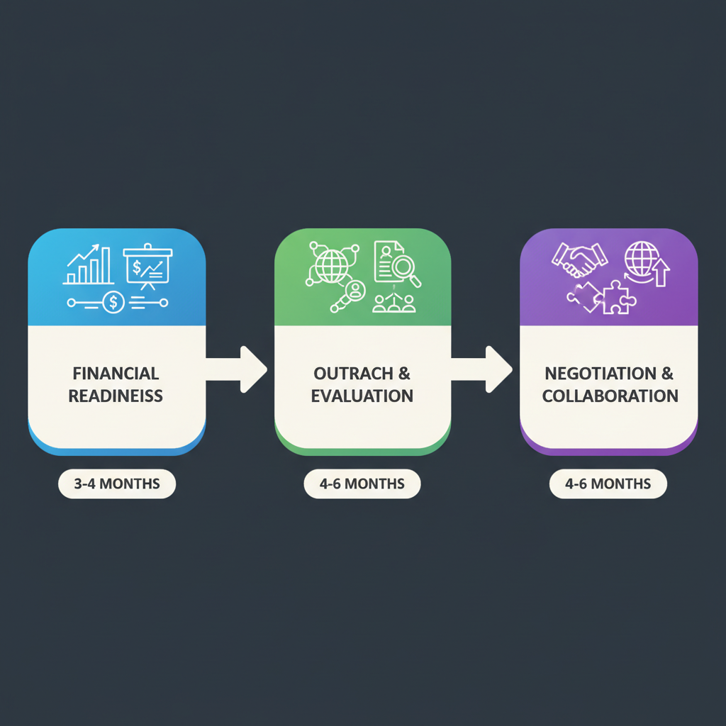 Horizontal process flow diagram illustrating three key stages of growth equity investment process including preparation, investor engagement, and deal closing.