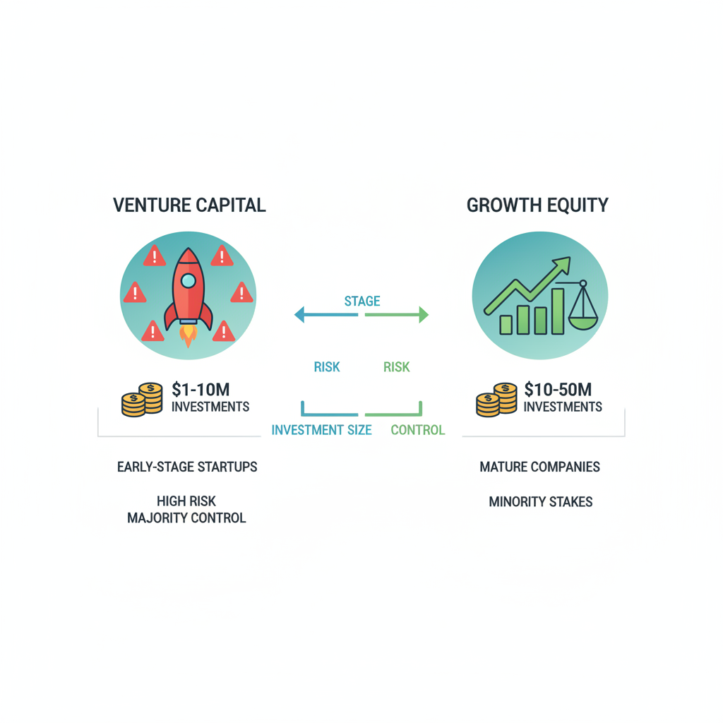 Infographic illustrating key differences between growth equity and venture capital investments.