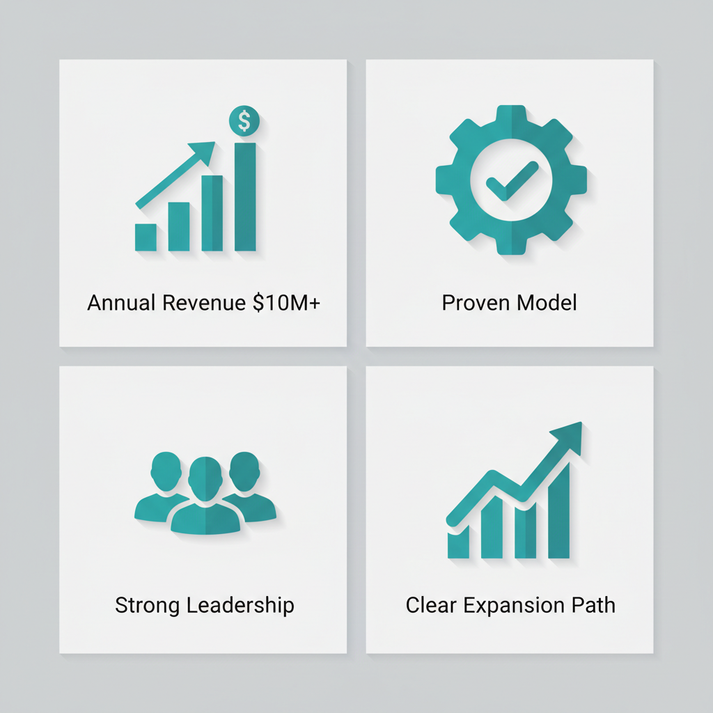 Grid of icons illustrating key criteria for growth funding qualification: revenue milestone, proven business model, strong leadership, and clear expansion path.