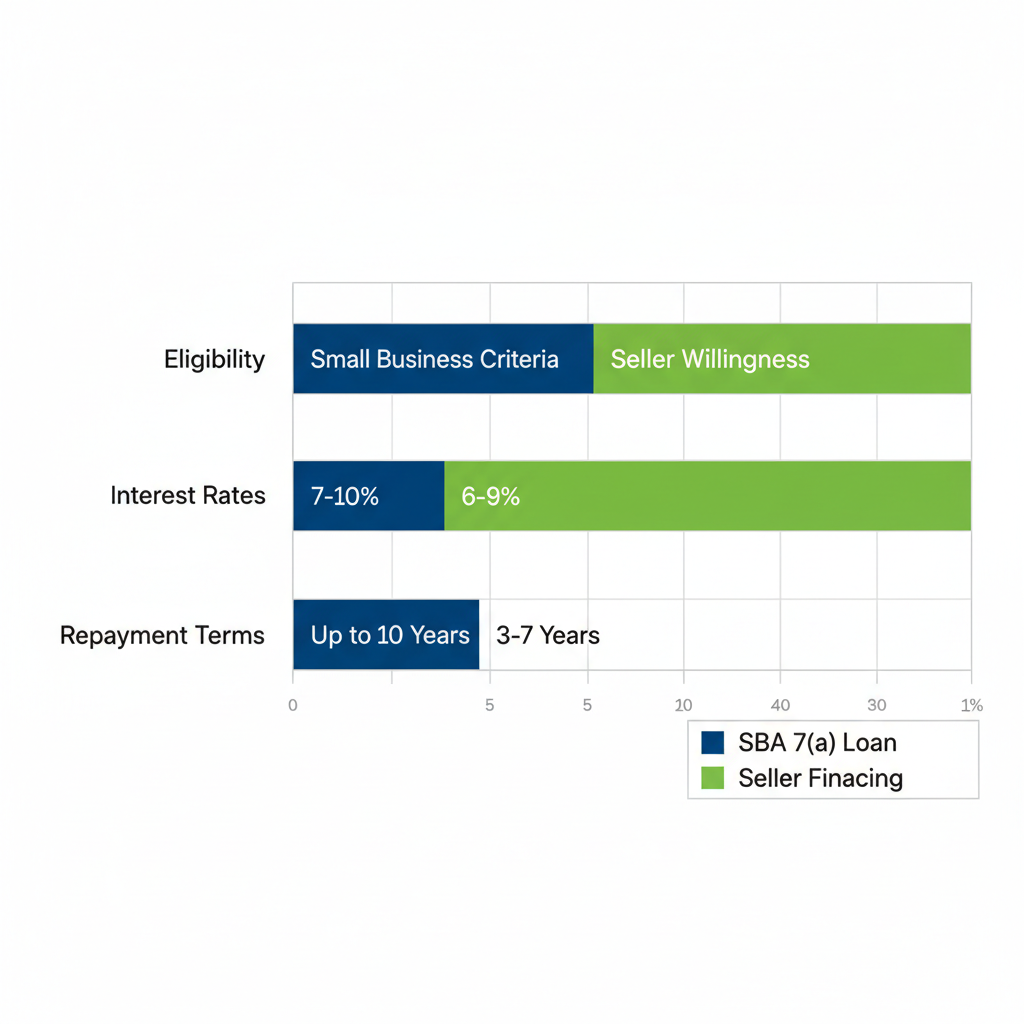 Bar chart comparing SBA 7(a) Loan and Seller Financing eligibility, rates, and terms