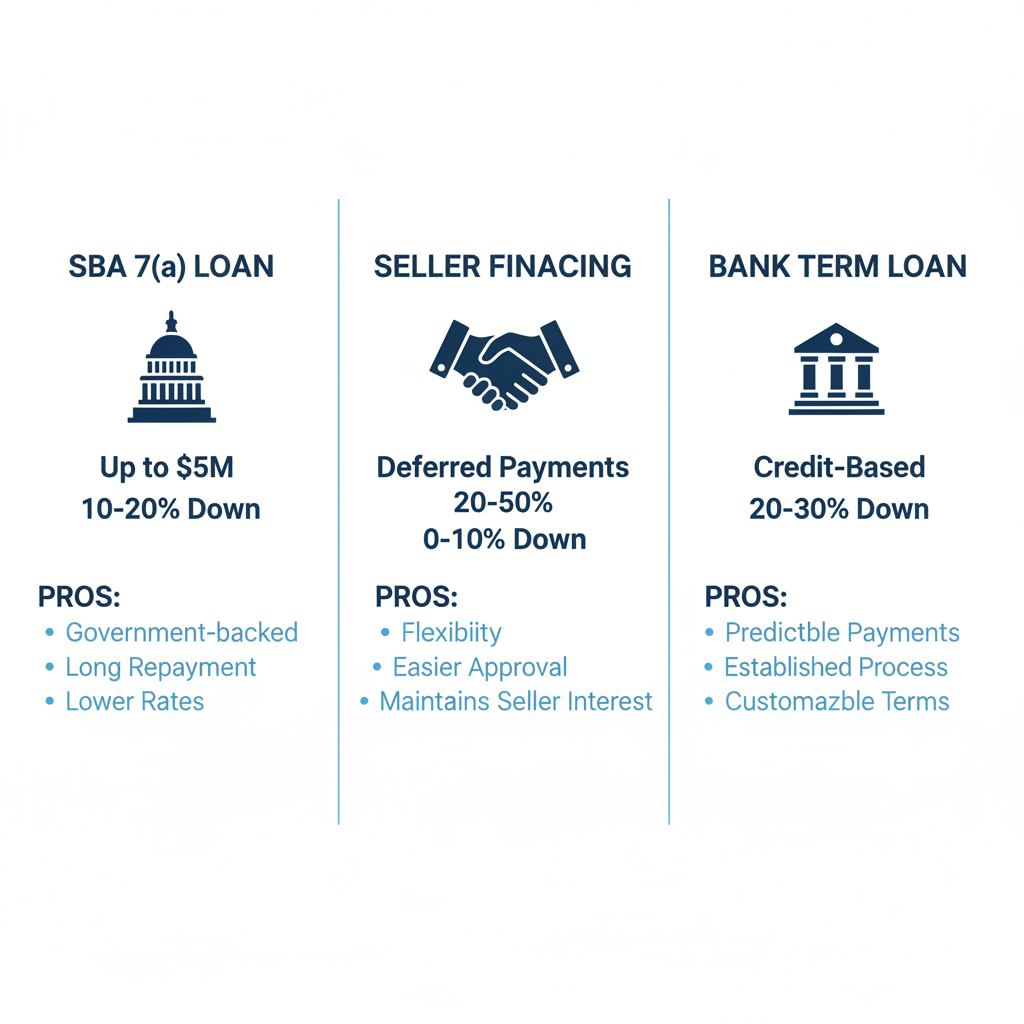 Infographic comparing SBA 7(a) Loan, Seller Financing, and Bank Term Loan options for business acquisitions