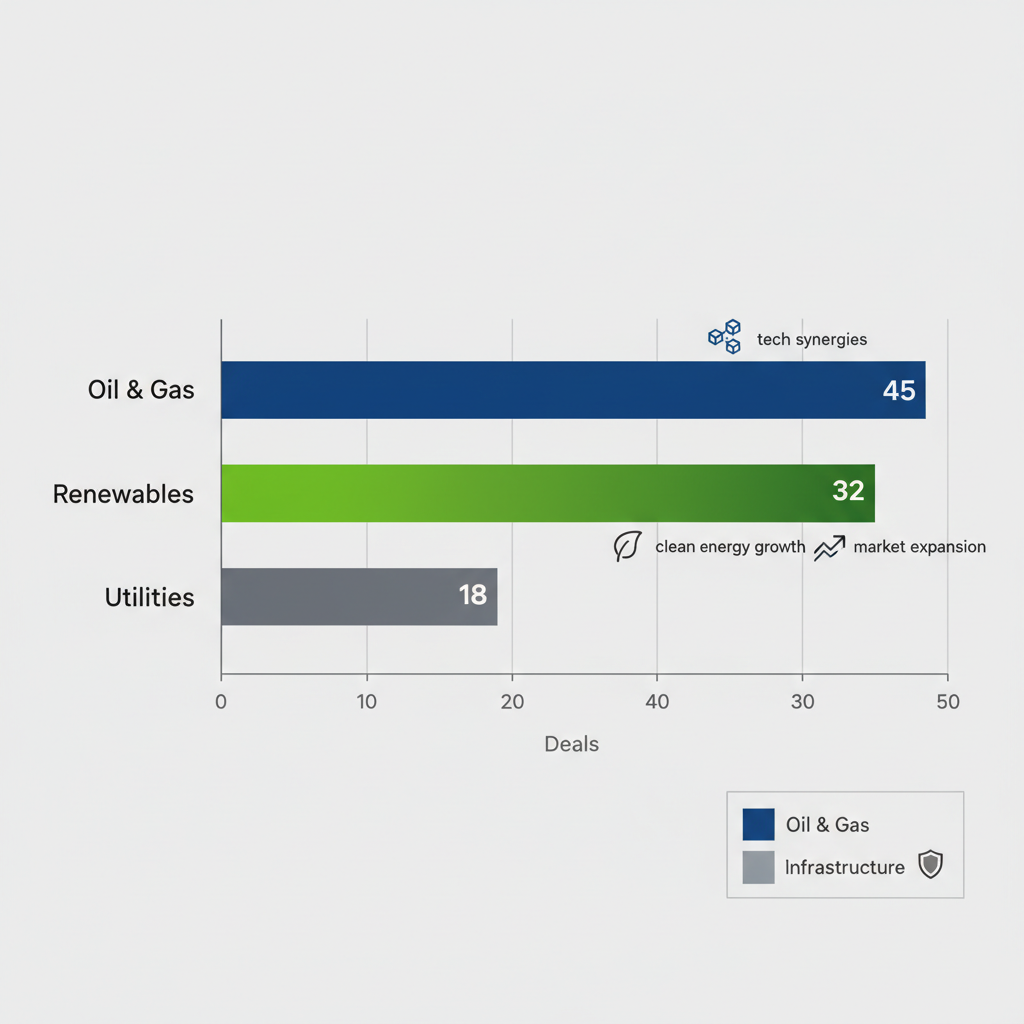 Horizontal bar chart illustrating merger activity in energy subsectors including Oil & Gas, Renewables, and Utilities.